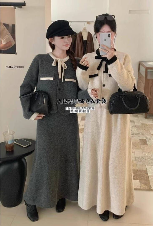 Premium Ribbon Collar Soft Sweater With Skirts Sets